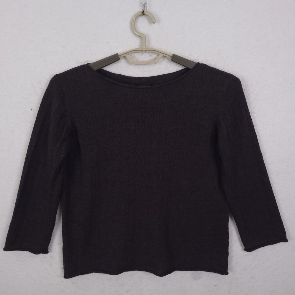 Eileen Fisher Sweater Womens Medium Purple Italian Wool Boat Neck 3/4 Sleeve